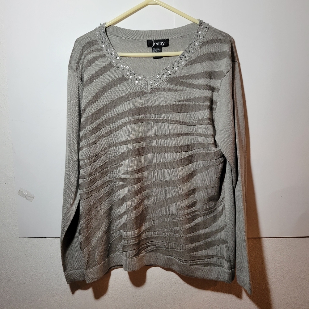 NWT Womens Jenny gray sweater zebra stripes glitter neckline size large